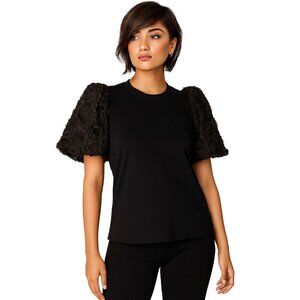 52Seven Black Puff-Sleeve Rosette Top S • Statement Sleeve • Luxury Resort Chic